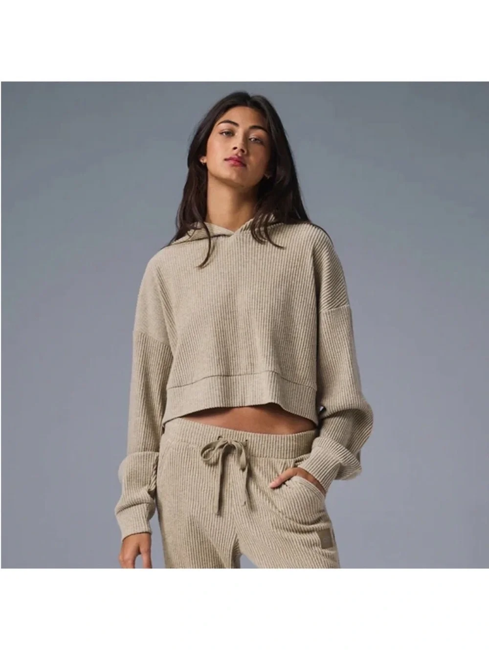 Alo Yoga Muse Hoodie Gravel Heather Cropped Sz M 8-10 W3438R